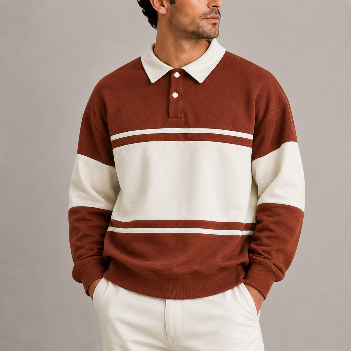 Polo Sweatshirt Retro a Blocchi di Colore per Uomo – Maniche Lunghe