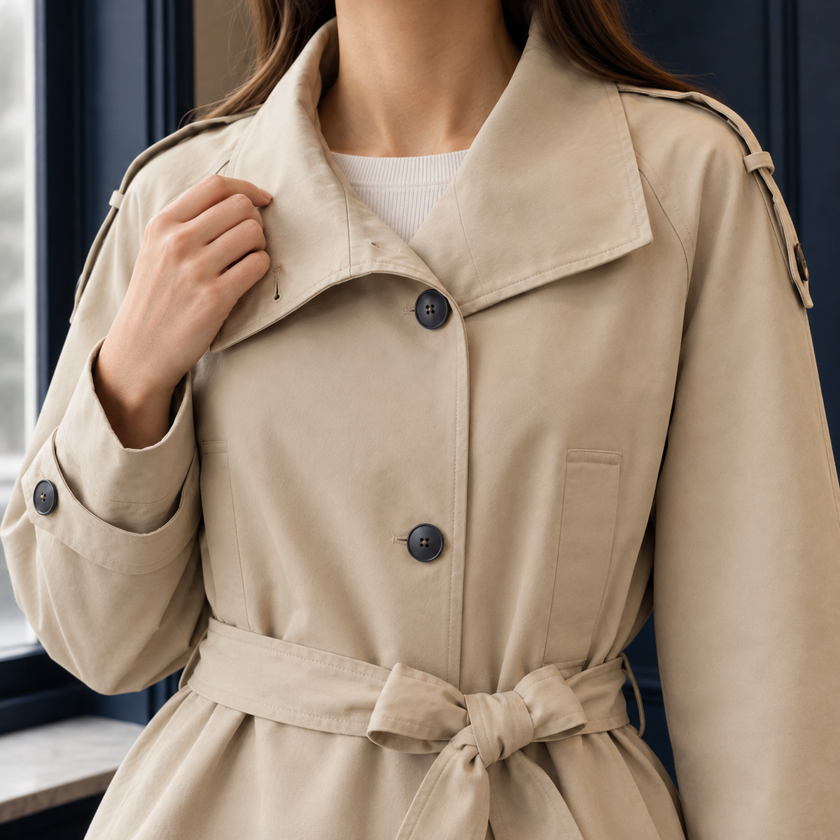 Vera | Trench Corto con Cintura e Collo a Tempesta