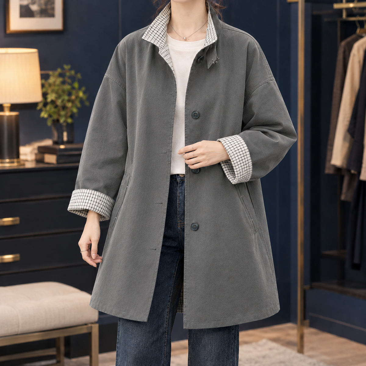 Rina | Cappotto Monopetto con Bordi a Quadri