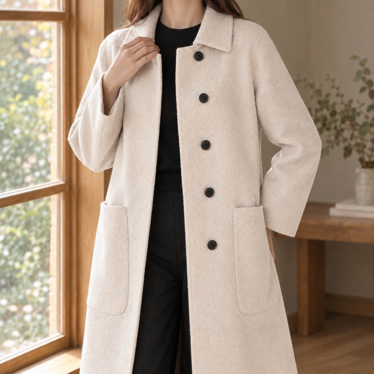 Barbara | Cappotto Lungo Monopetto in Lana con Tasche a Toppa