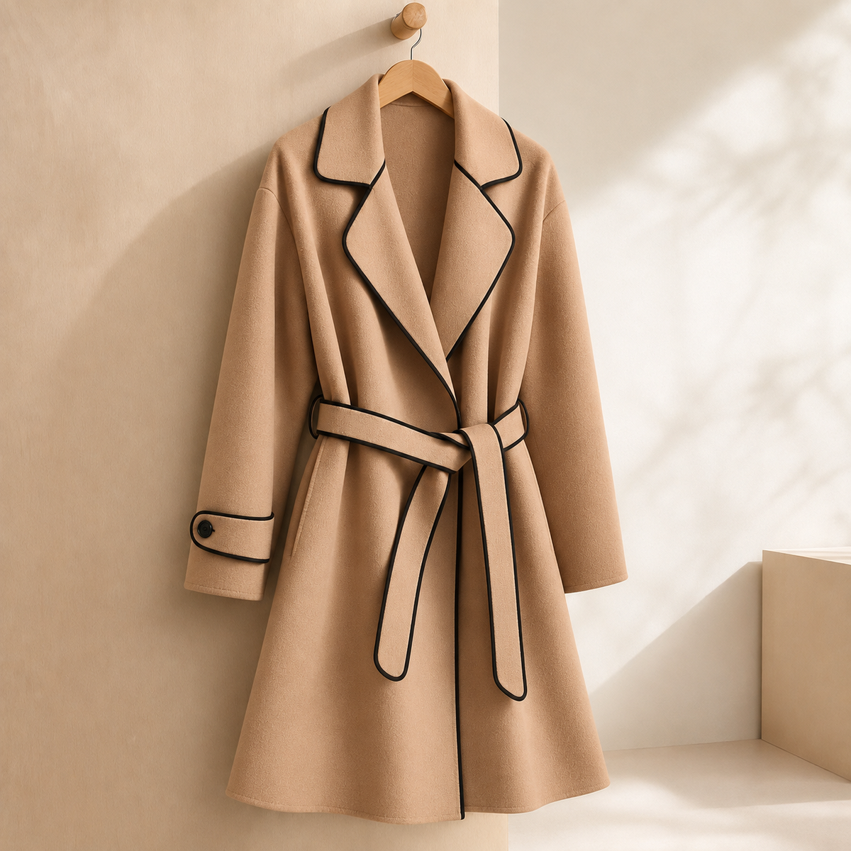 Regina | Cappotto Avvolgente con Cintura e Bordini a Contrasto