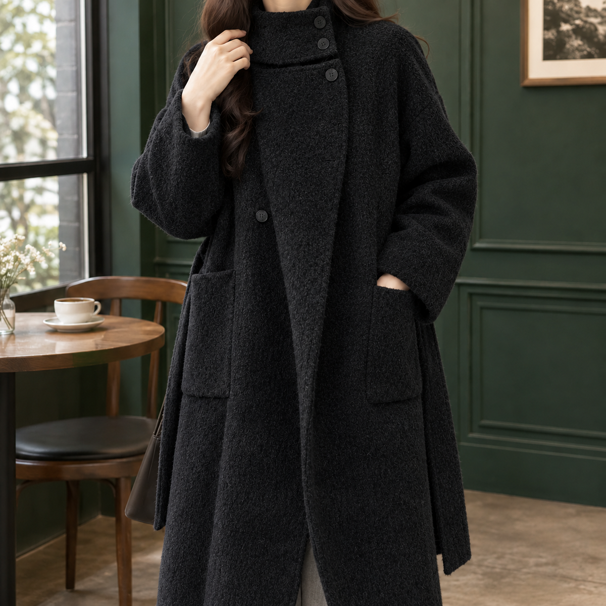 Carolina | Cappotto Lungo in Misto Lana con Cintura e Collo Alto