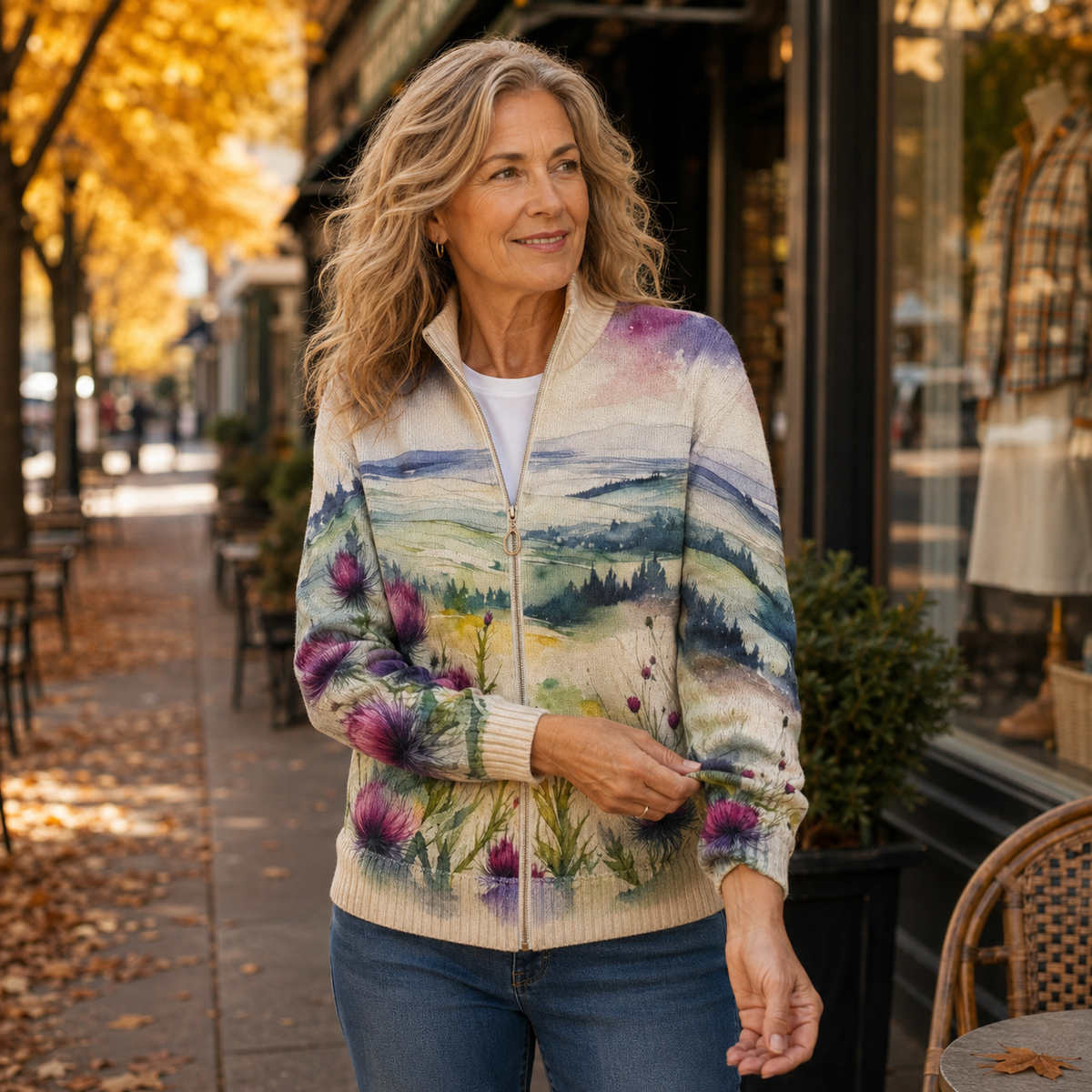 Birgit™ | Cardigan con Paesaggio Acquerellato
