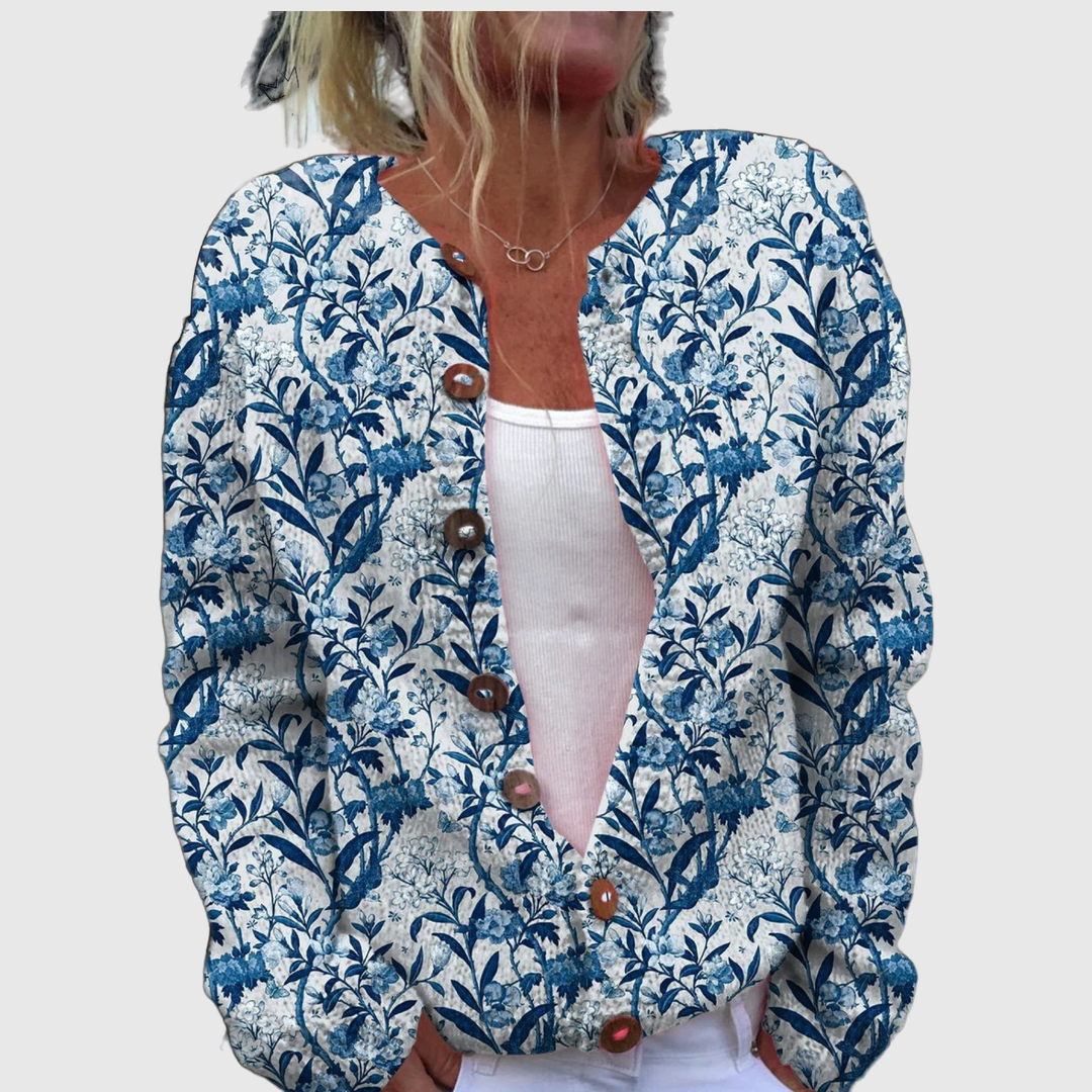 Caterina™ | Cardigan con motivo foglia blu