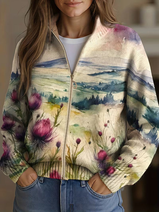Birgit™ | Cardigan con Paesaggio Acquerellato