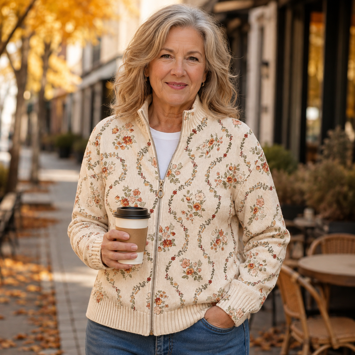 Heike | Giacca a maglia con zip e motivi floreali