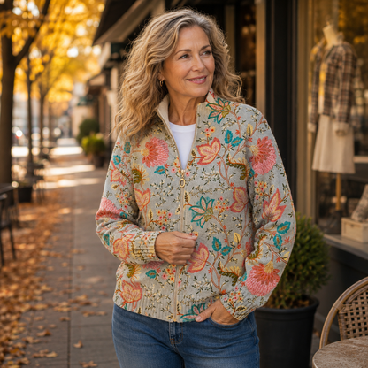 Caterina | Giacca a maglia con zip e fiori vintage