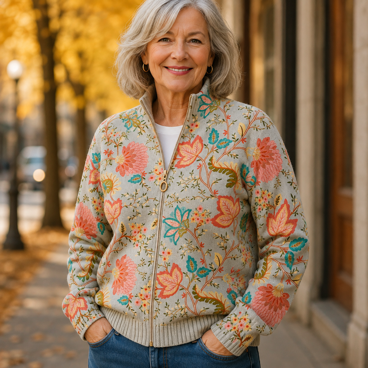 Caterina | Giacca a maglia con zip e fiori vintage
