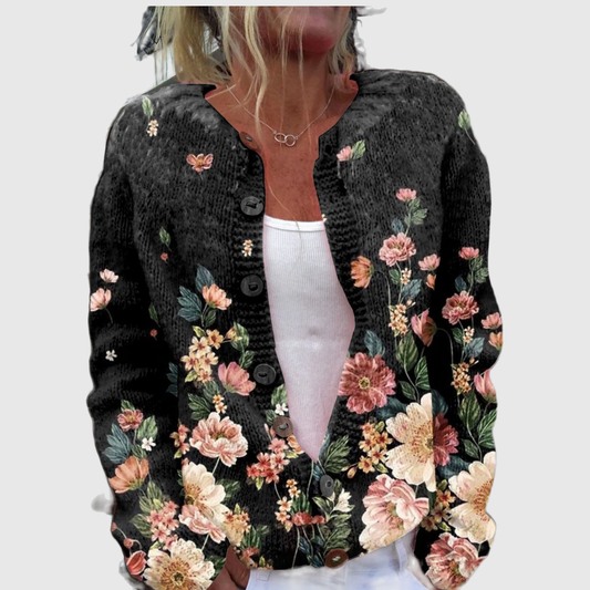 Cristina™ | Cardigan con rose su nero