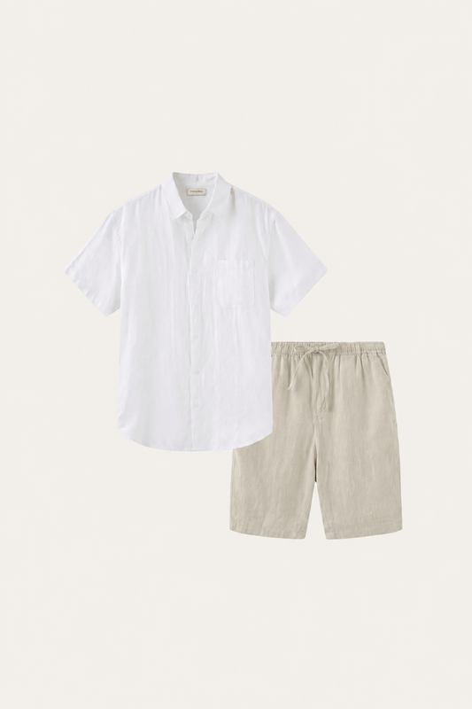 Camicia e Pantaloni Corti in Lino Bianca/Beige
