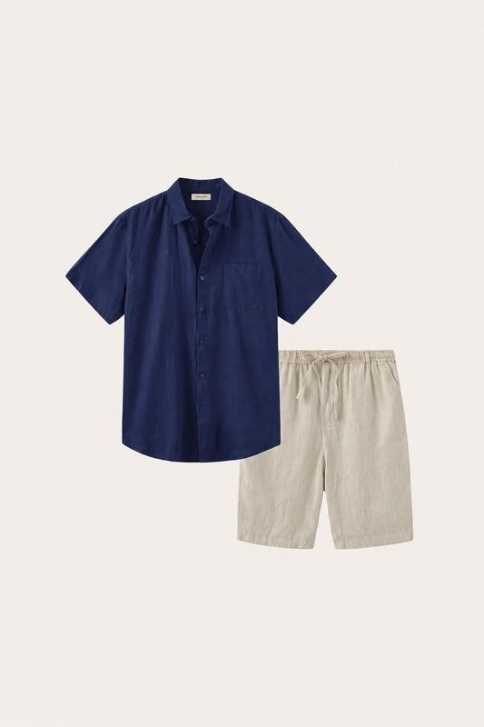Camicia e Pantaloni Corti in Lino Verona Navy/Beige