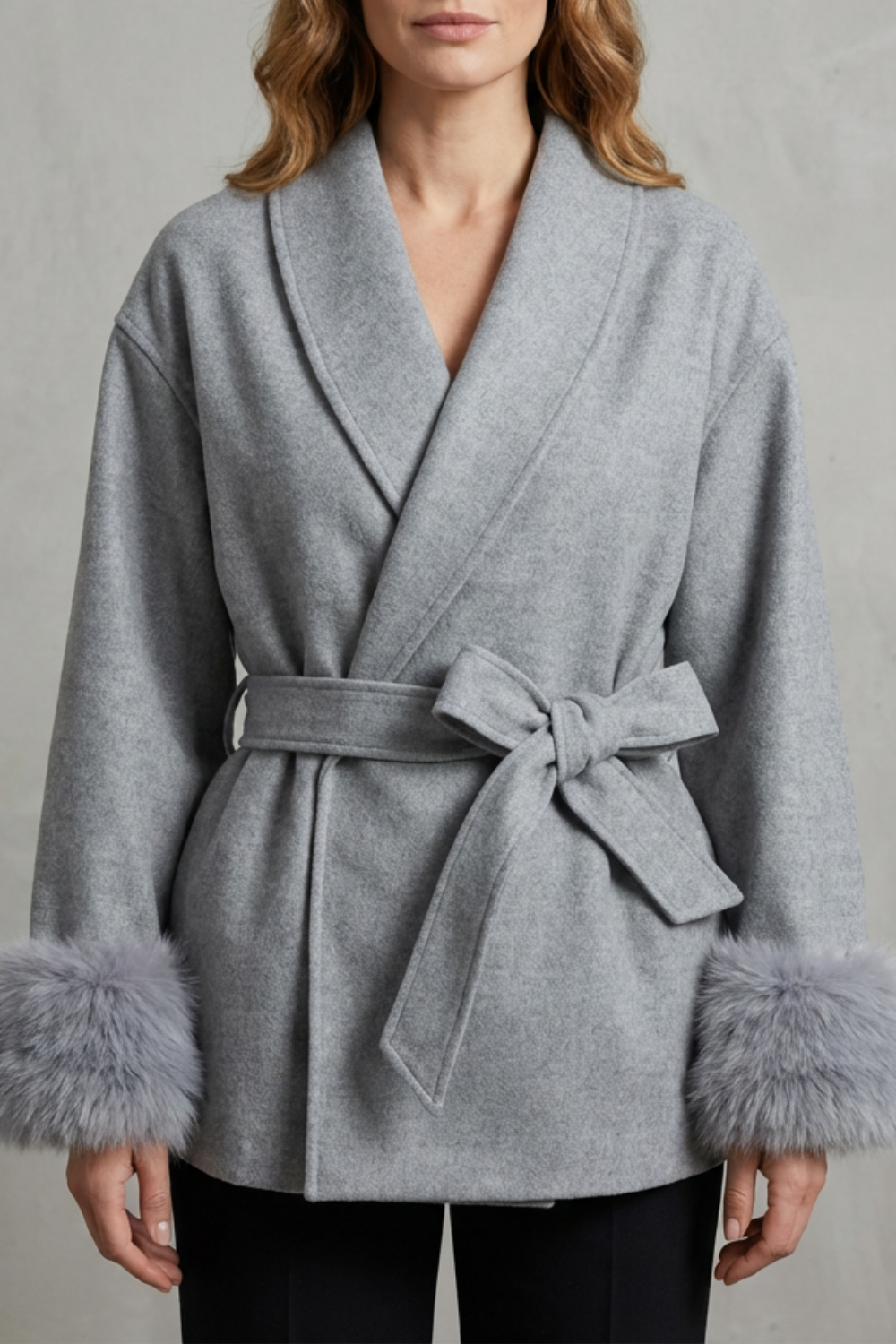 Antonia | Cappotto Avvolgente in Lana con Polsini in Pelliccia Sintetica e Cintura