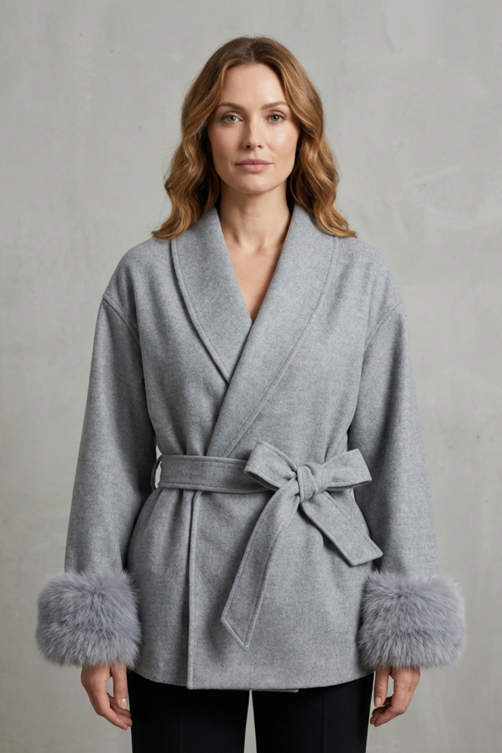 Antonia | Cappotto Avvolgente in Lana con Polsini in Pelliccia Sintetica e Cintura