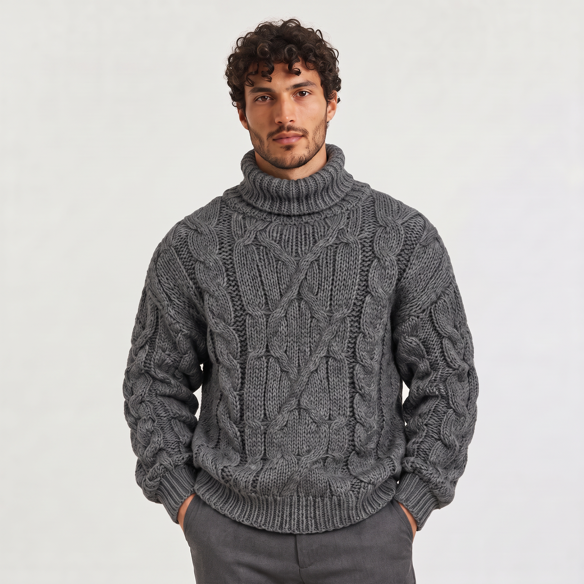 Luca - Maglione Invernale da Uomo a Collo Alto con Treccia Spessa