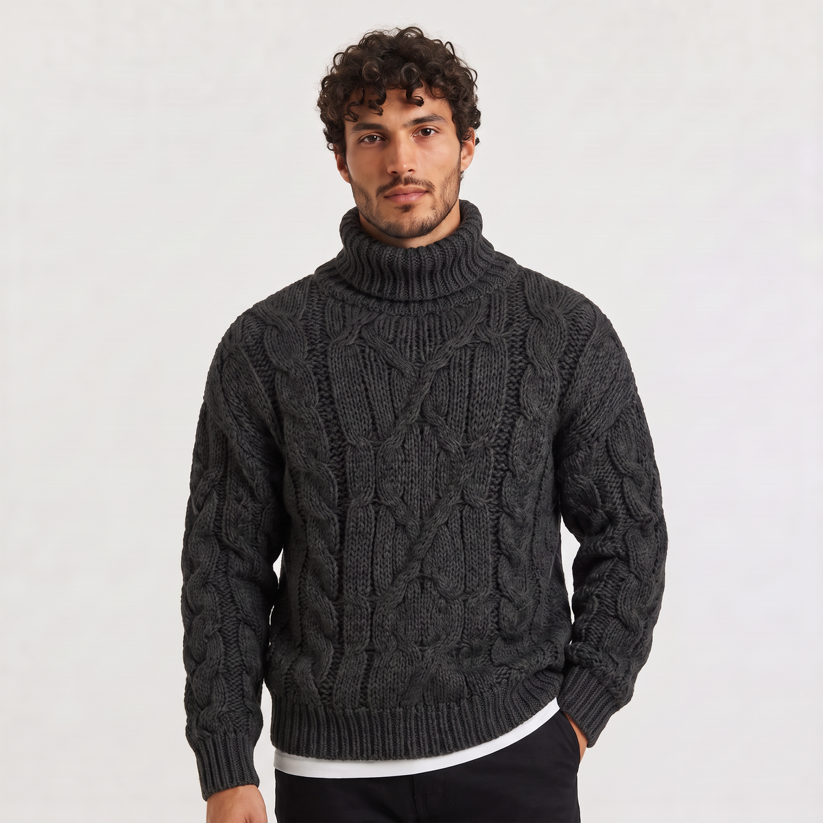 Luca - Maglione Invernale da Uomo a Collo Alto con Treccia Spessa