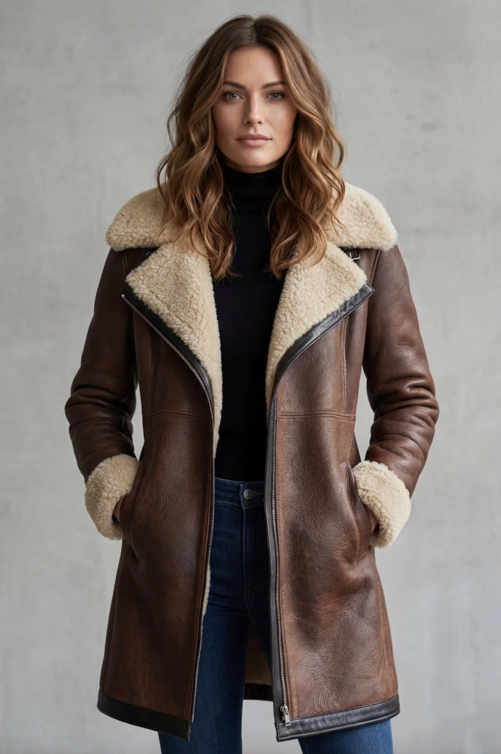 Giulia | Cappotto Elegante in Pelle con Fodera in Pelliccia