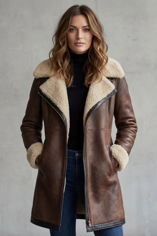 Giulia | Cappotto Elegante in Pelle con Fodera in Pelliccia
