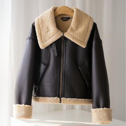 Serena | Giacca Aviator in Ecopelle con Collo in Finto Shearling