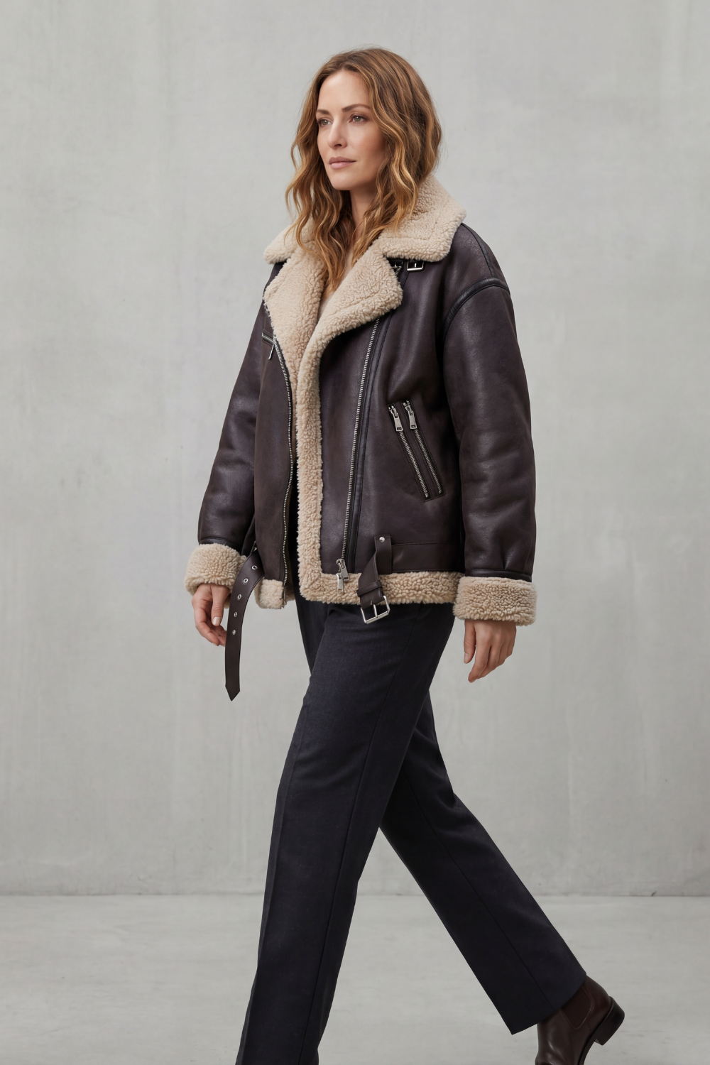 Giovanna | Cappotto Aviator con Cintura e Finiture in Shearling