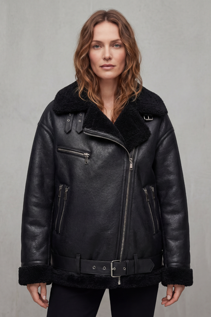 Giovanna | Cappotto Aviator con Cintura e Finiture in Shearling