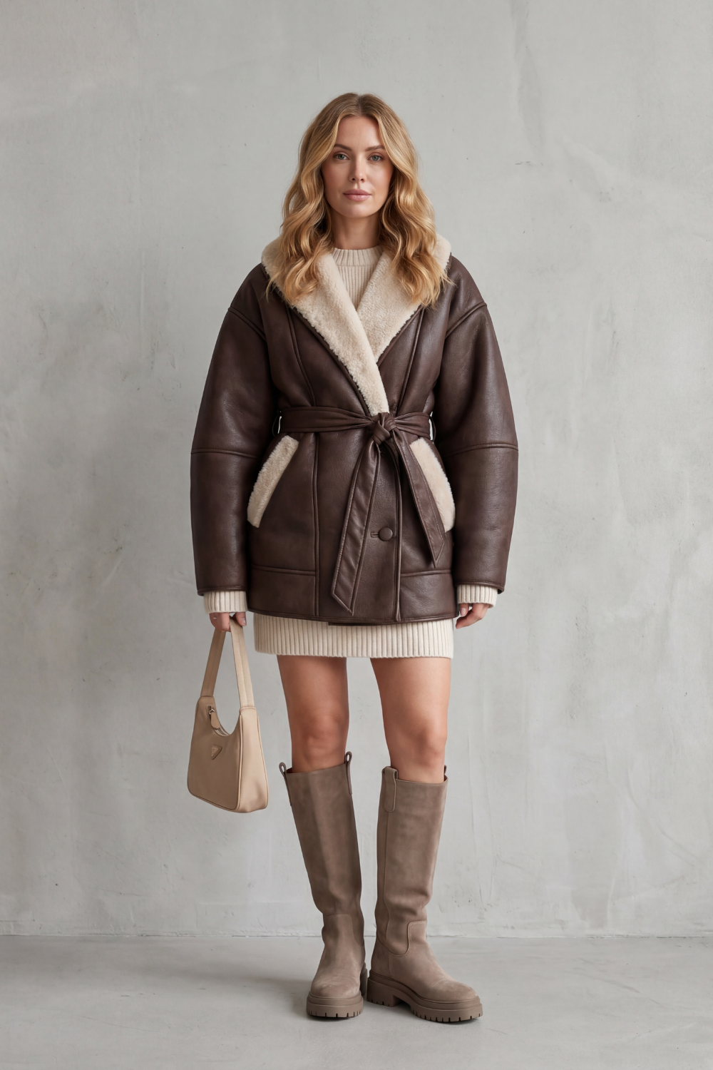 Vanda | Cappotto in Ecopelle con Cintura e Dettaglio in Pile a Contrasto