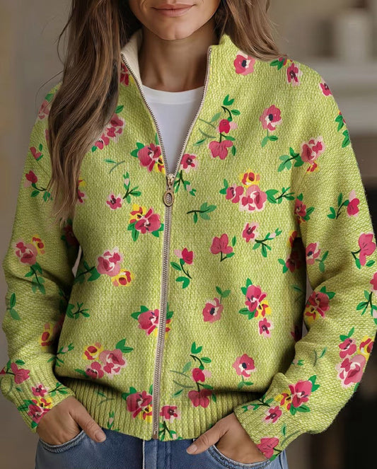 Agnese™ | Cardigan Zip Rosa Floreale e Lime