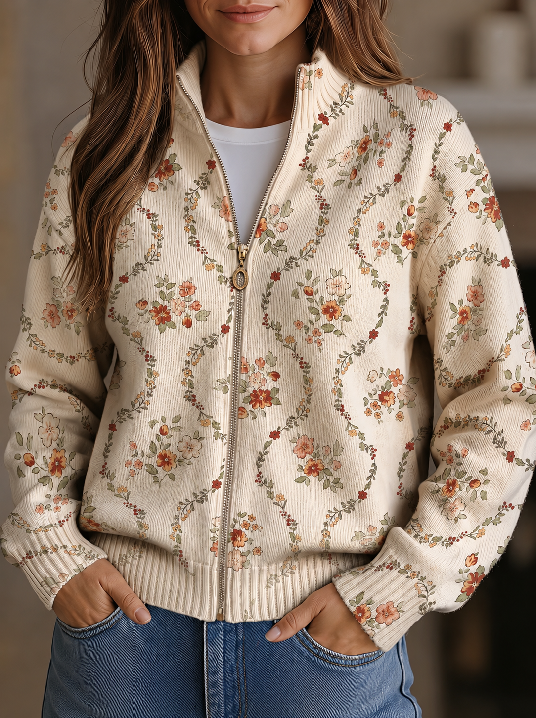 Heike | Giacca a maglia con zip e motivi floreali