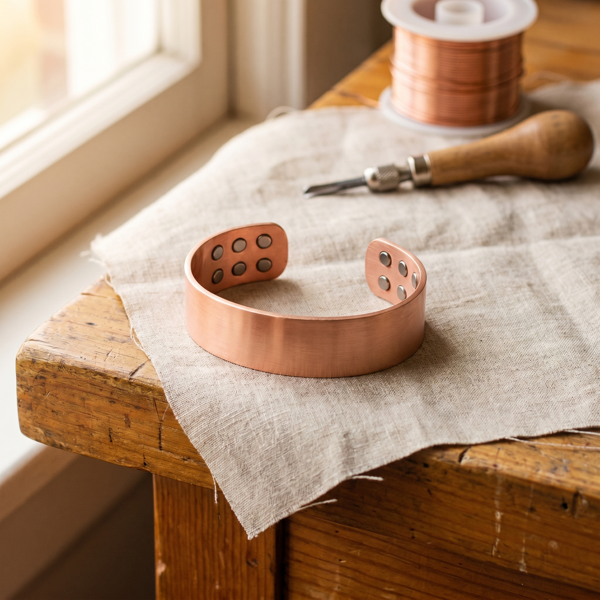 Bracciale in rame a fascia larga con punti