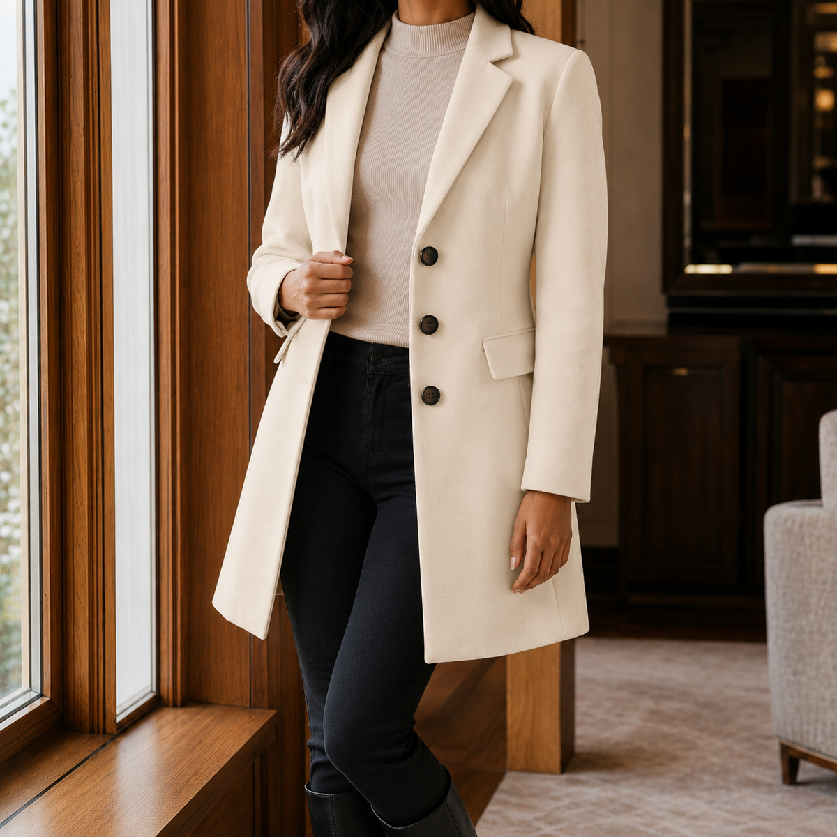 Sabrina | Cappotto Sartoriale Effetto Lana con Rever a Lancia