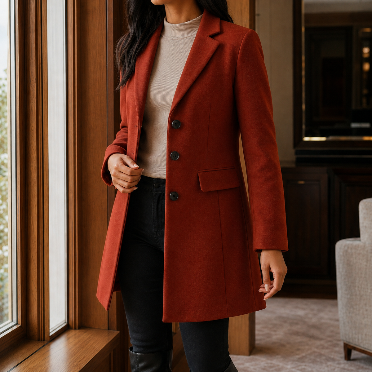 Sabrina | Cappotto Sartoriale Effetto Lana con Rever a Lancia