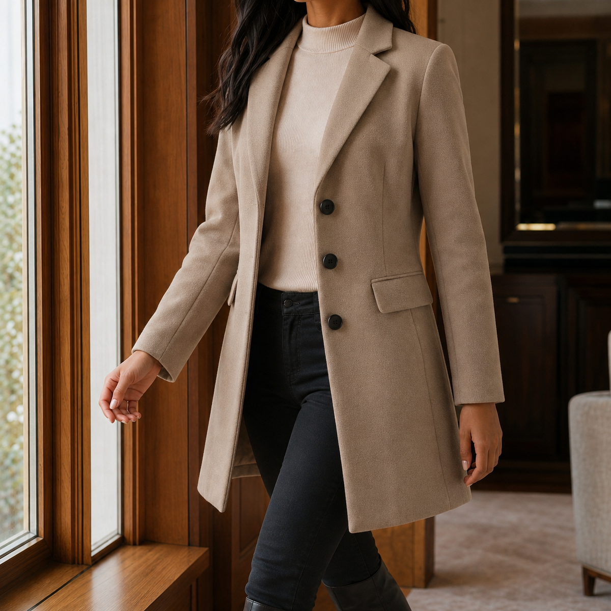 Sabrina | Cappotto Sartoriale Effetto Lana con Rever a Lancia