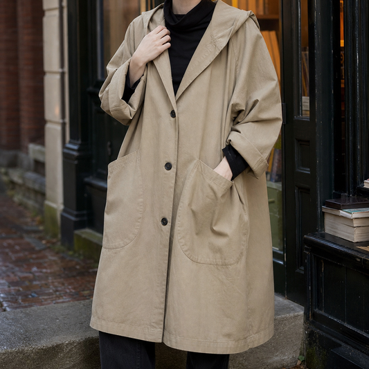 Delia | Cappotto Lungo Oversize con Cappuccio e Tasche a Toppa