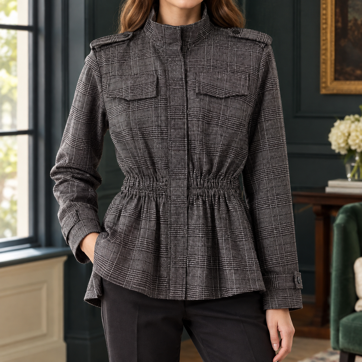 Gemma | Giacca Utility a Quadri con Vita Arricciata