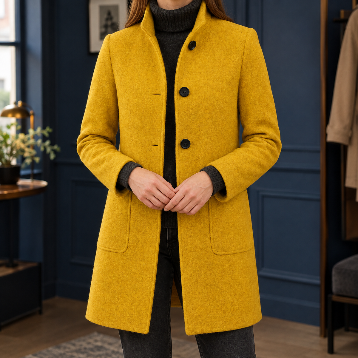 Lina | Cappotto Effetto Lana con Collo Alto e Bottoni