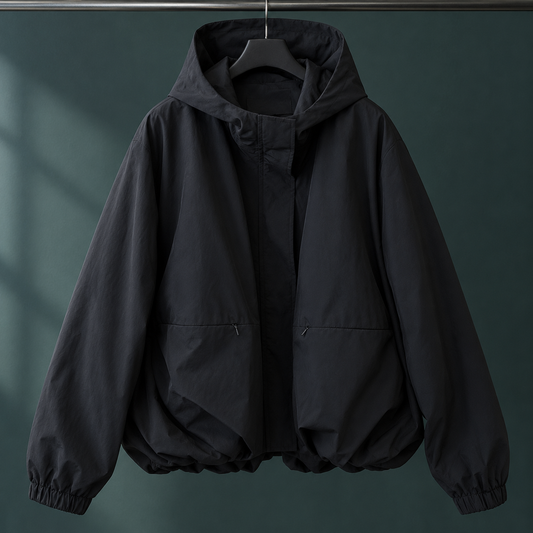 Melissa | Giacca Oversize con Cappuccio, Zip e Orlo Arricciato
