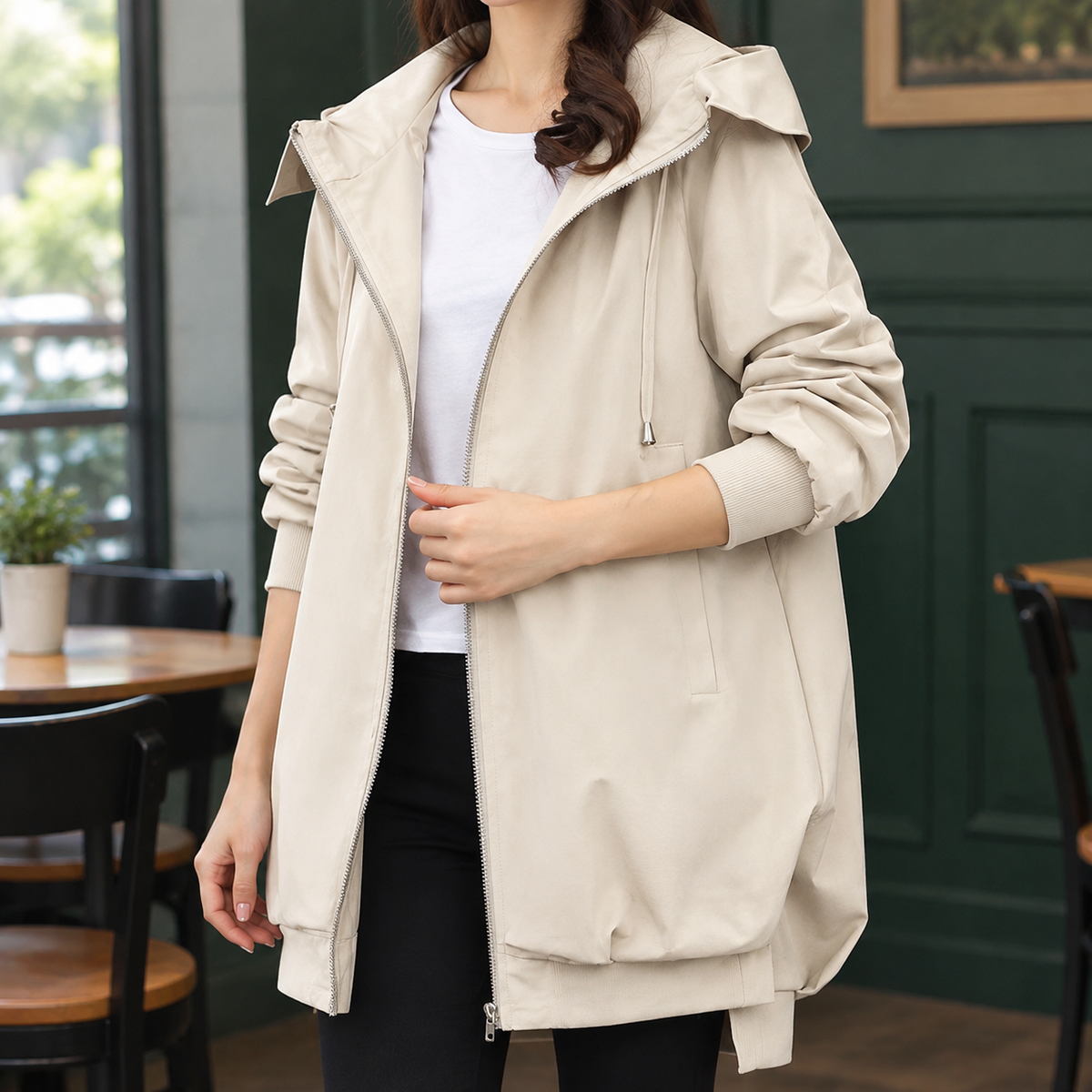 Morena | Giacca Lunga con Cappuccio e Zip Frontale