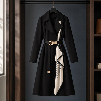 Emilia | Cappotto a Mezza Lunghezza con Cintura e Pannello a Contrasto
