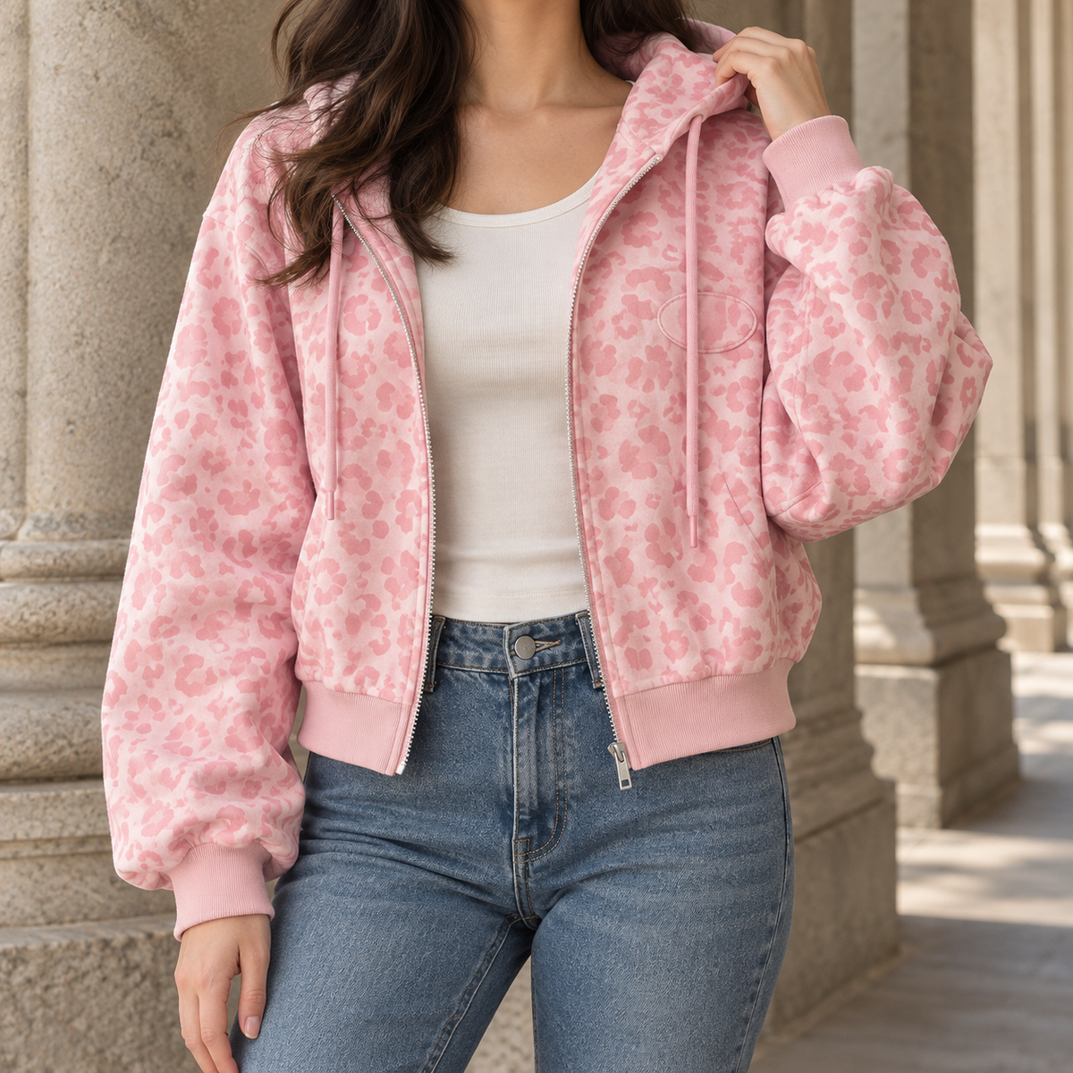 Nerina | Giacca Corta con Cappuccio e Zip a Stampa Rosa