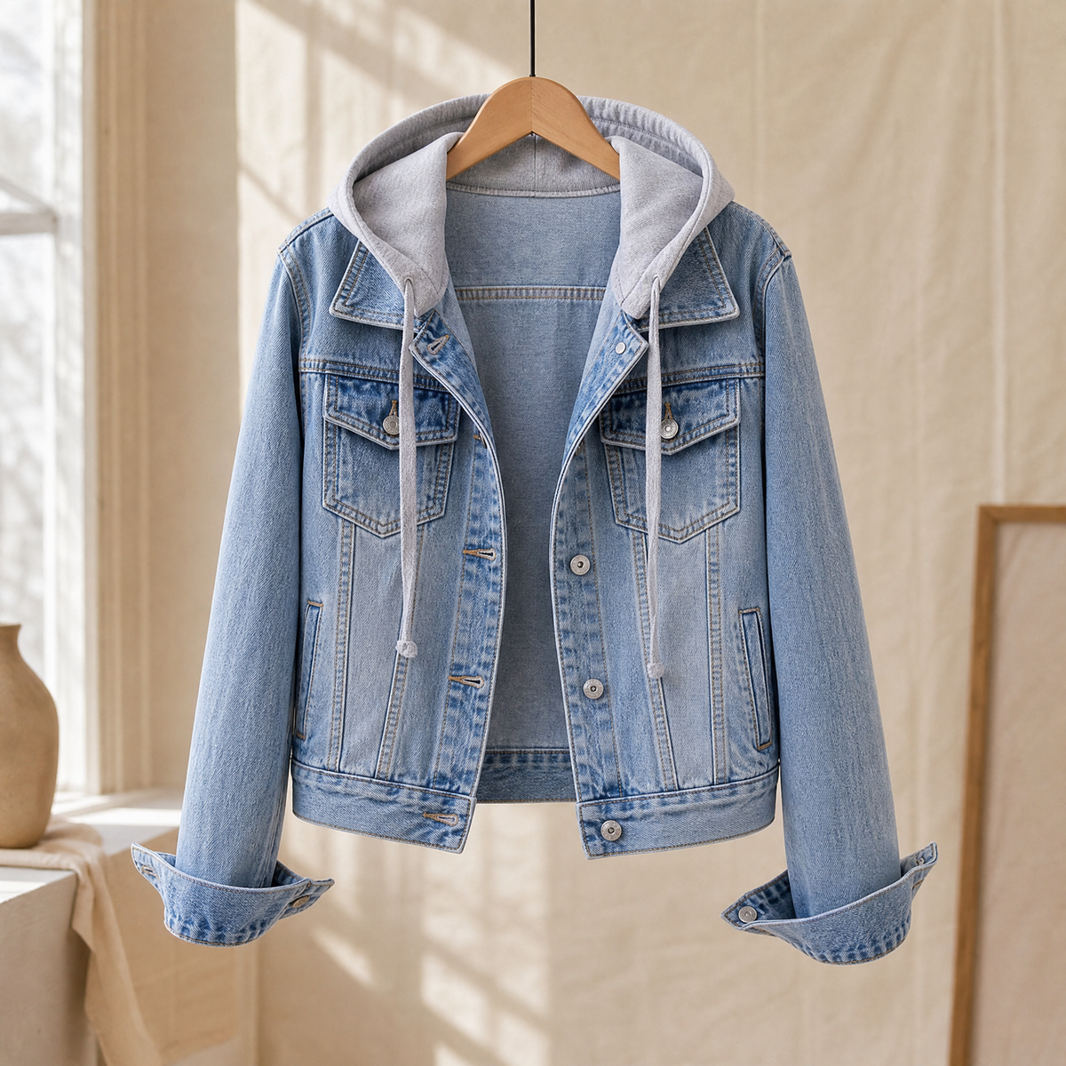 Zoe | Giacca di Jeans con Cappuccio e Cordoncino a Contrasto