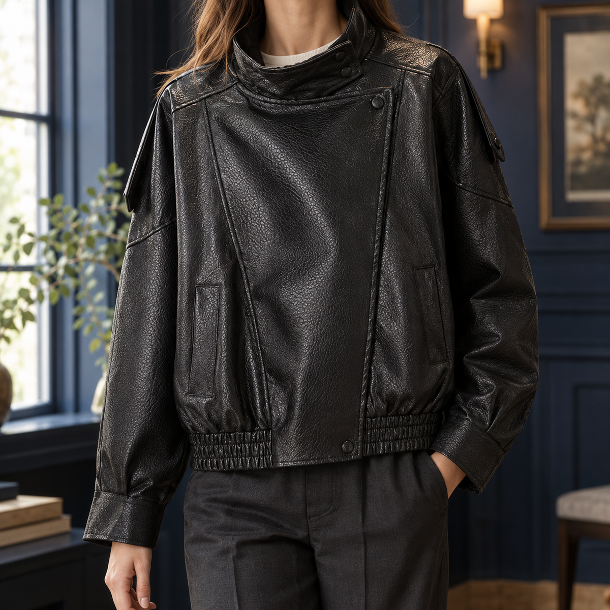 Nives | Giacca Biker Corta in Ecopelle