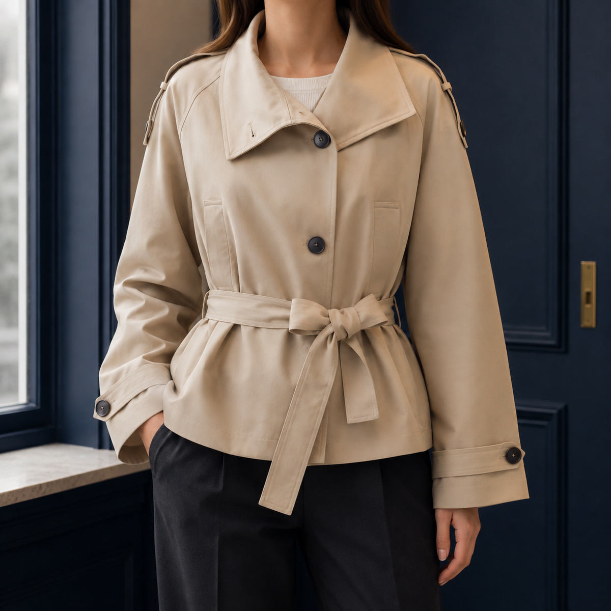 Vera | Trench Corto con Cintura e Collo a Tempesta