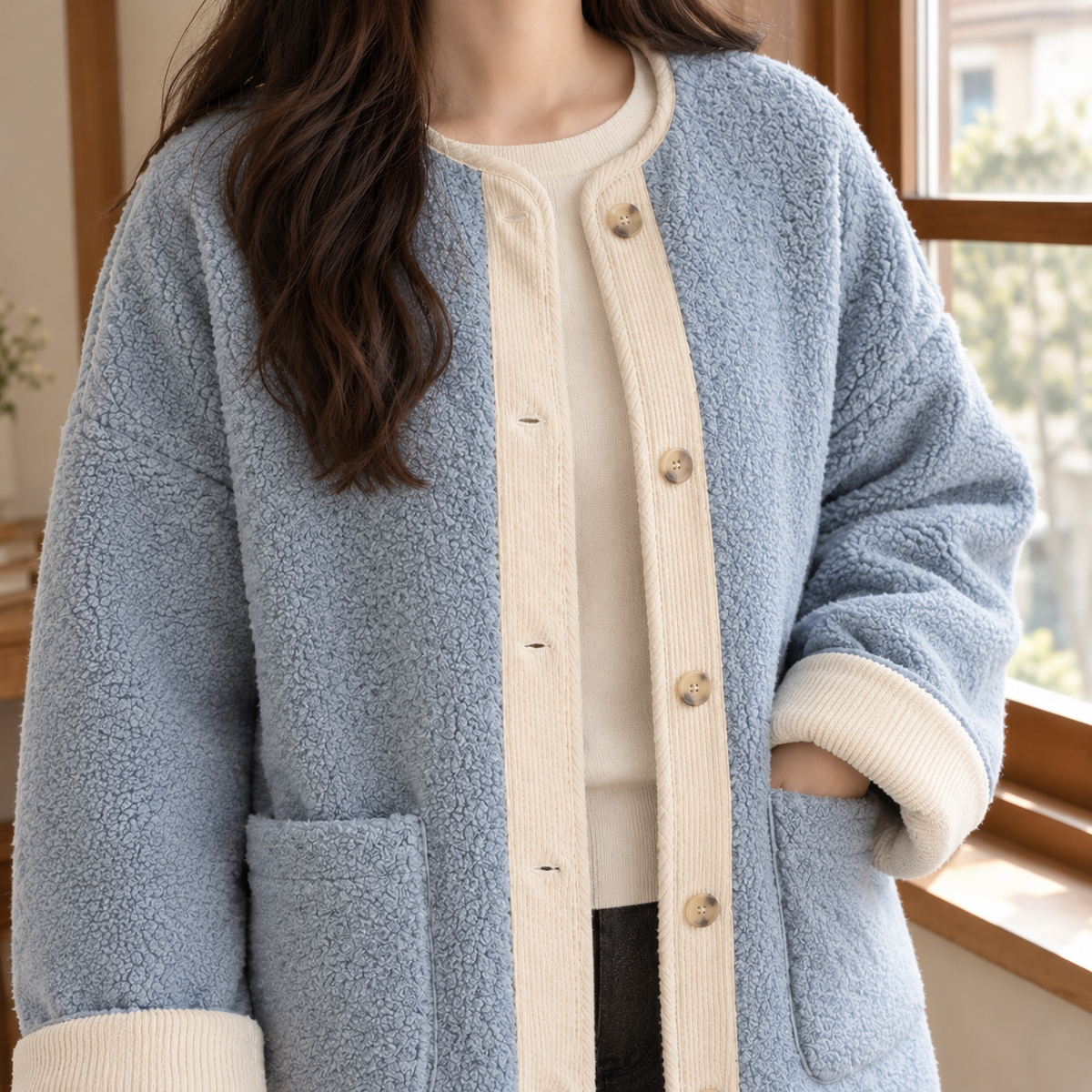 Leda | Giacca in Teddy senza Colletto con Bordo a Coste