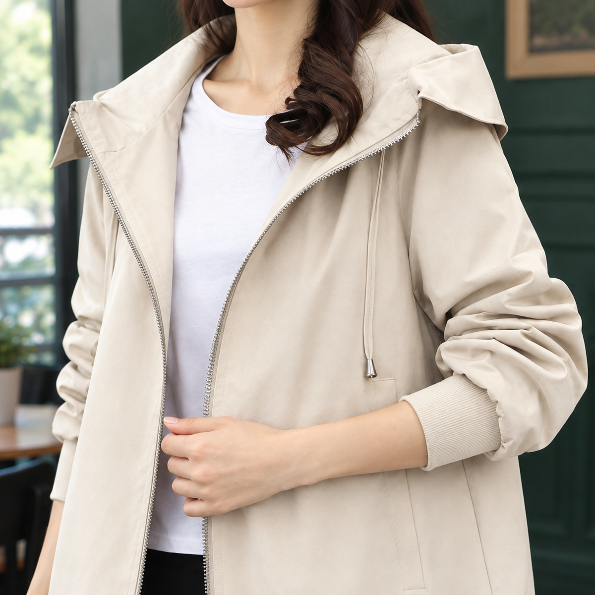 Morena | Giacca Lunga con Cappuccio e Zip Frontale