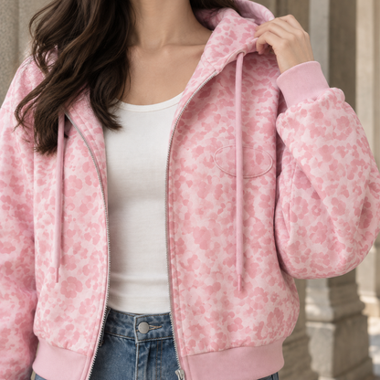 Nerina | Giacca Corta con Cappuccio e Zip a Stampa Rosa