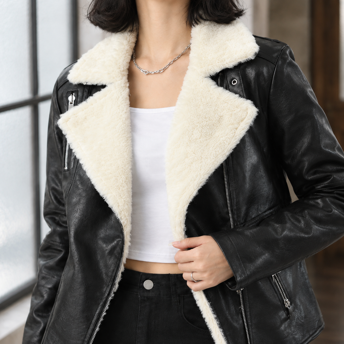 Ginevra | Giacca Aviator in Ecopelle con Collo Morbido