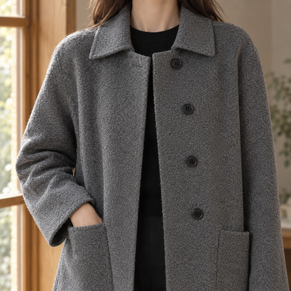 Barbara | Cappotto Lungo Monopetto in Lana con Tasche a Toppa