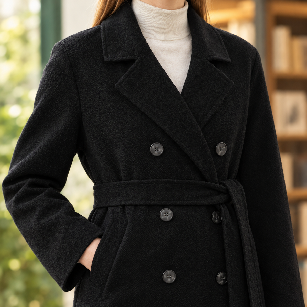 Isotta | Cappotto Lungo Doppiopetto Effetto Lana con Cintura