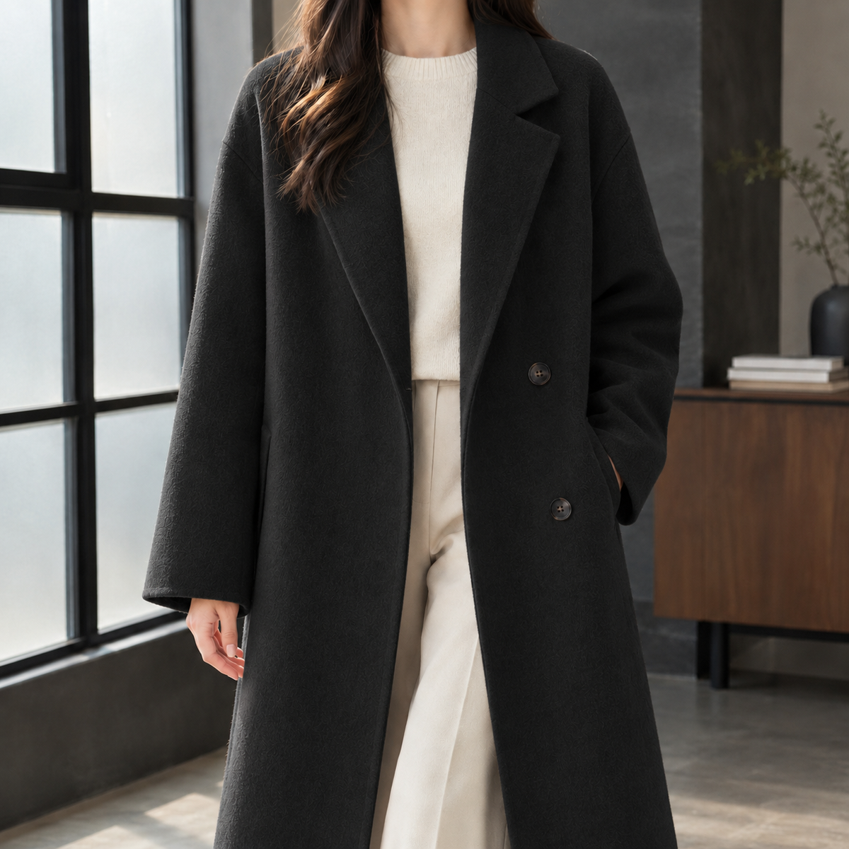 Clara | Cappotto Lungo Doppiopetto in Misto Lana