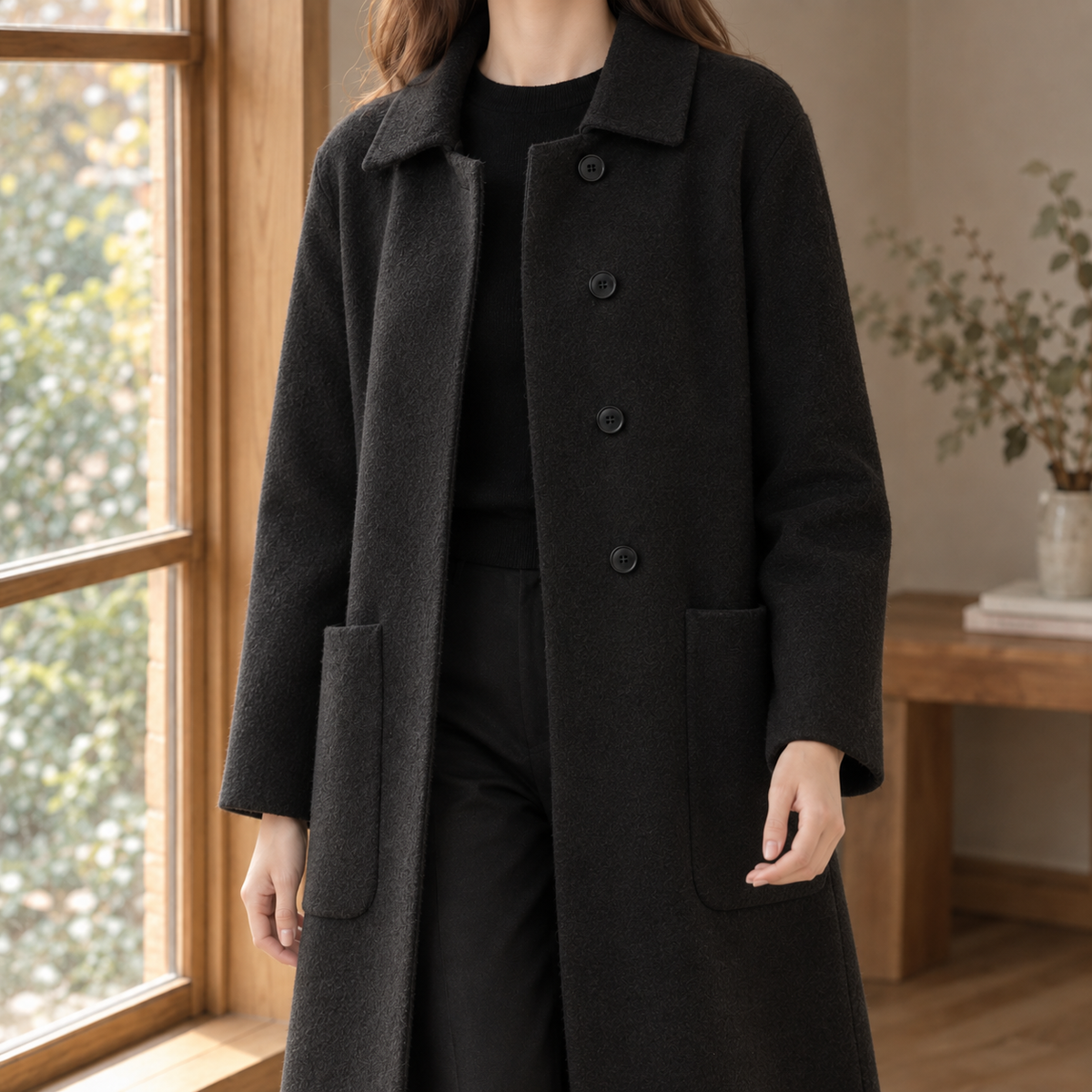 Barbara | Cappotto Lungo Monopetto in Lana con Tasche a Toppa