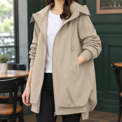Morena | Giacca Lunga con Cappuccio e Zip Frontale
